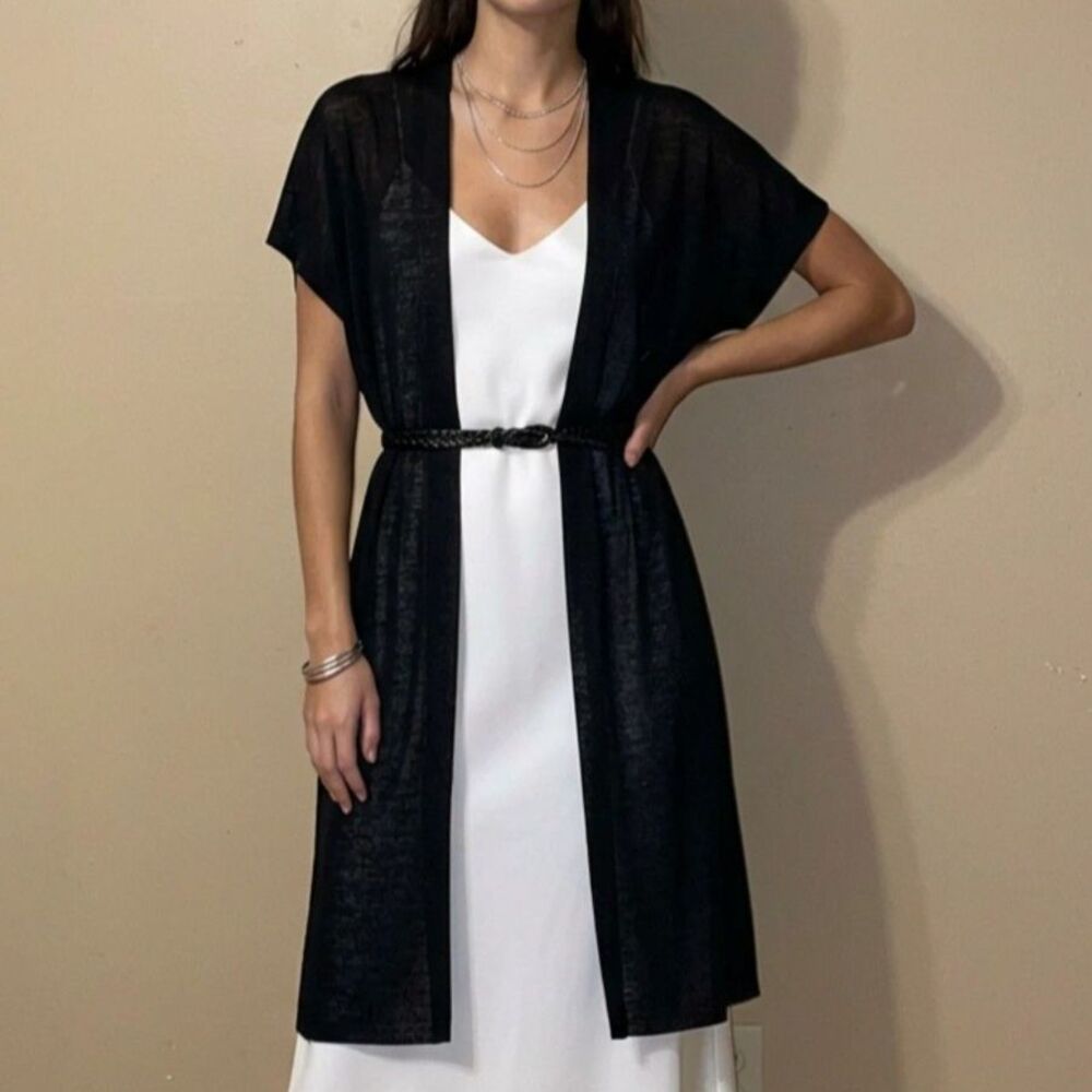Eileen Fisher Lightweight Open Front Black Hemp Blend Cardigan Duster